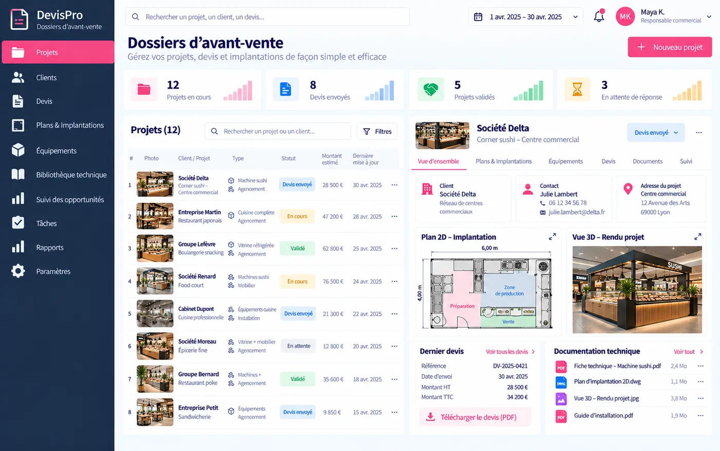 DevisPro, dossiers d'avant-vente : projets en cours, devis envoyés, plan d'implantation 2D et rendu 3D du projet.