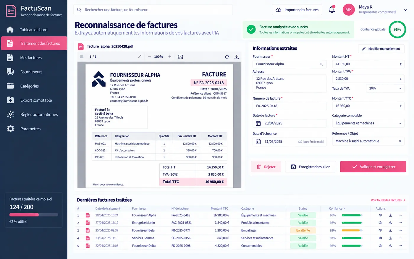 FactuScan, reconnaissance automatique d'une facture fournisseur : informations extraites par l'IA et indice de confiance.