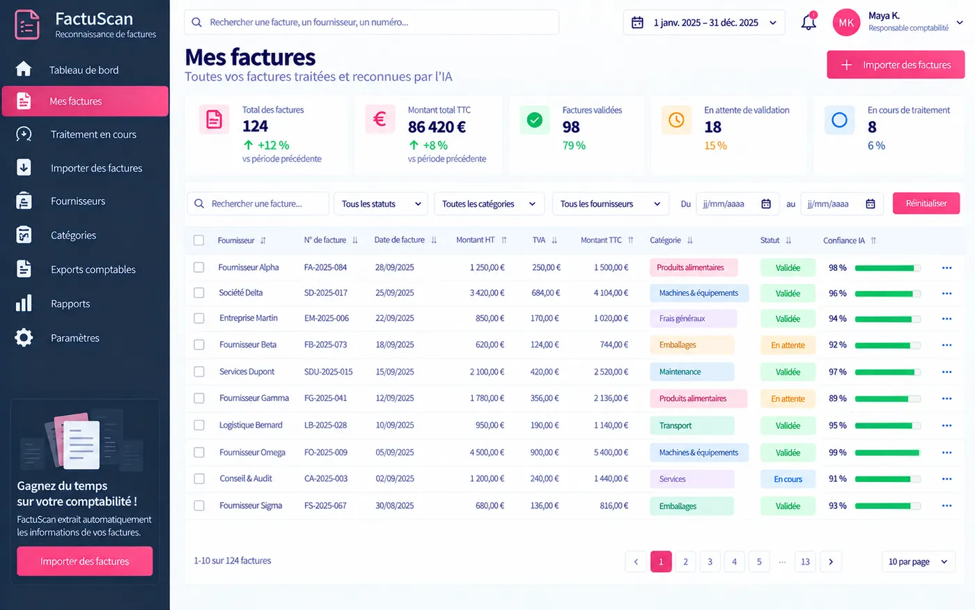 FactuScan, liste des factures traitées : montants, catégories comptables, statut de validation et confiance de l'IA.