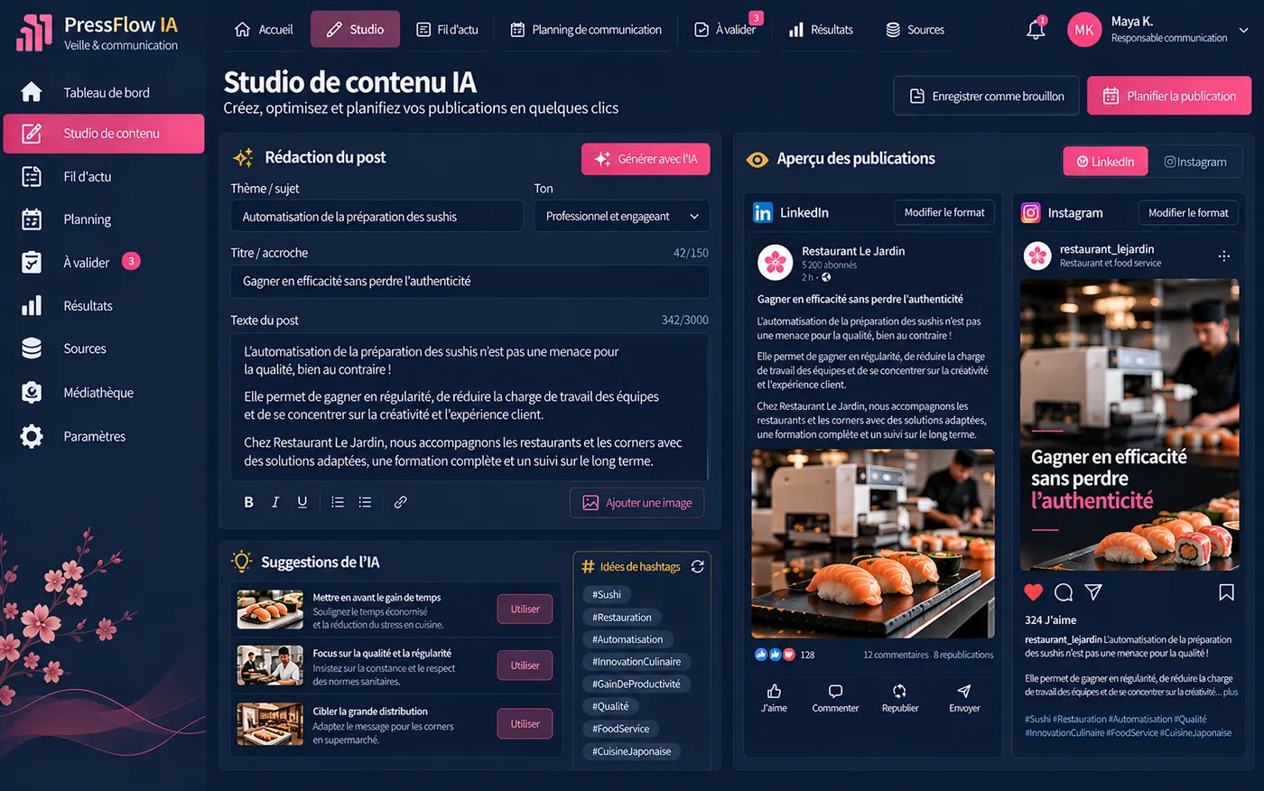 PressFlow IA, studio de contenu : rédaction assistée par IA et aperçu des publications LinkedIn et Instagram.