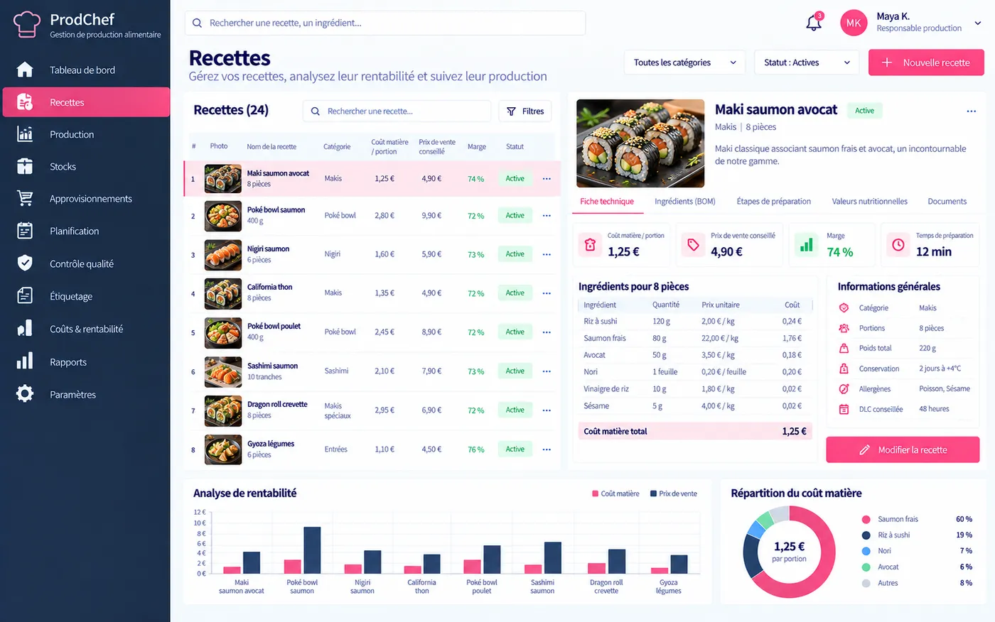 ProdChef, fiche recette : coût matière par portion, marge, ingrédients et analyse de rentabilité.